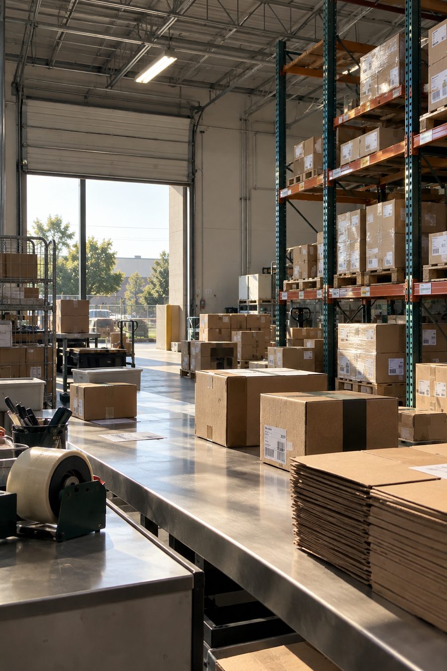 Packed shipping boxes and stocked pallet racks in a sunlit warehouse